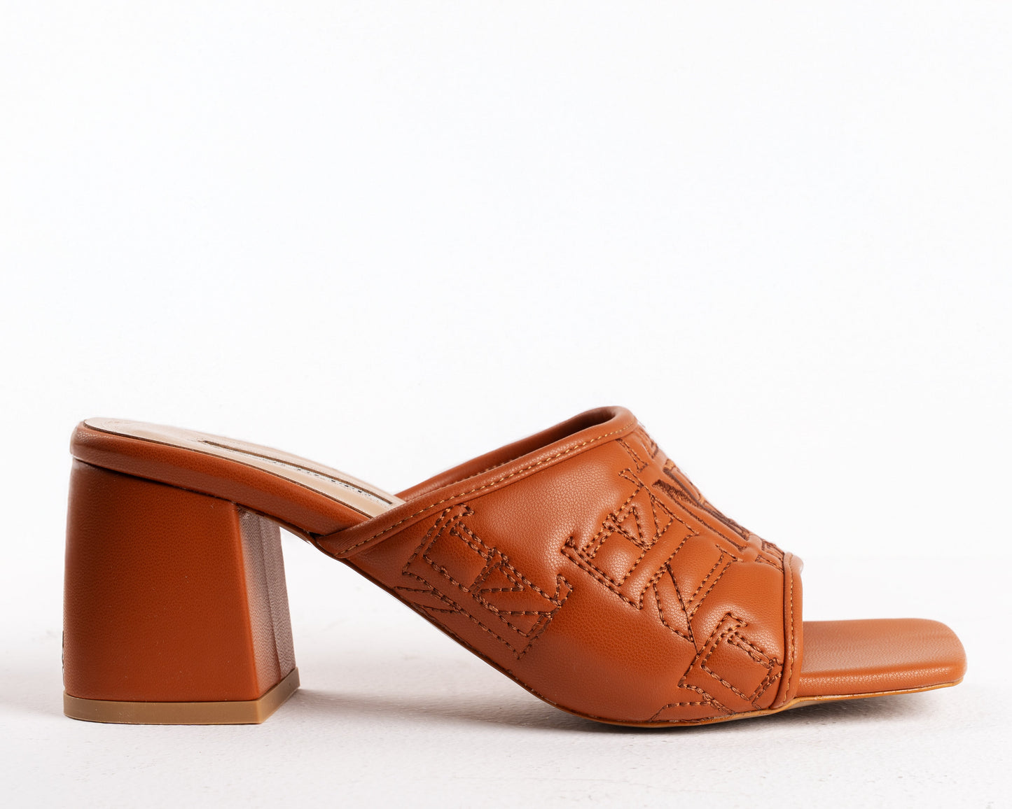 Cognac Quilted Block Heel Mules