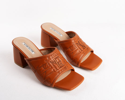 Cognac Quilted Block Heel Mules