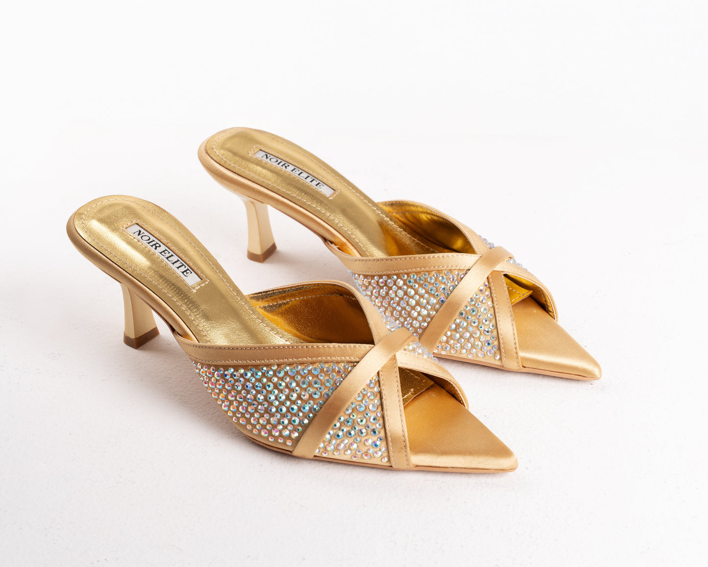 Gold Embellished Pointed Toe Stiletto Mules