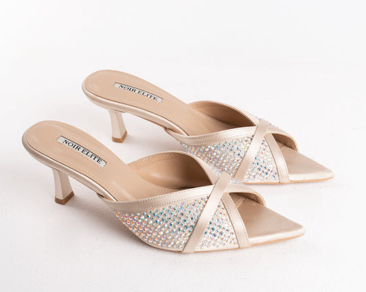 Nude Embellished Pointed Toe Stiletto Mules
