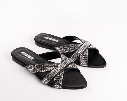 Black Rhinestone Flat Sandals