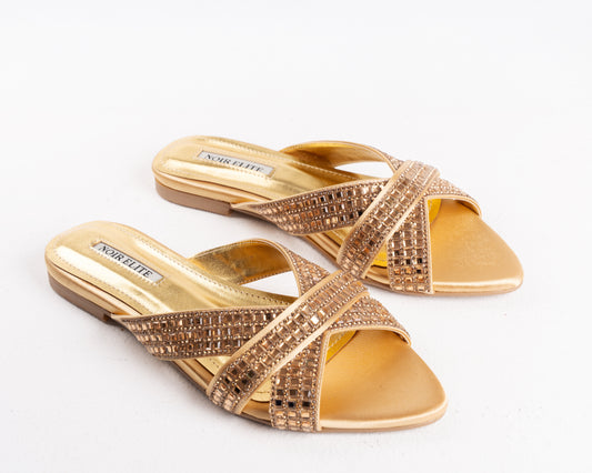 Gold Rhinestone Flat Sandals